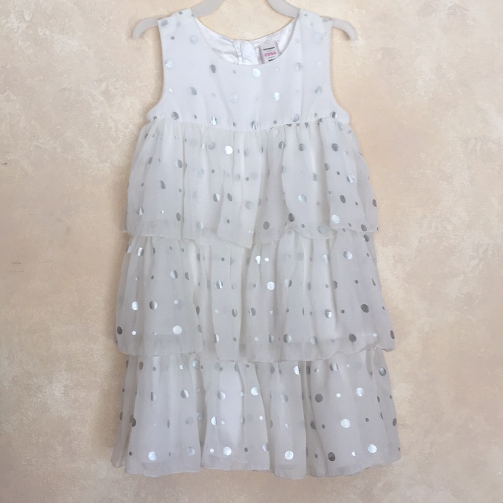 Old Navy White Silver Polka Dot Dress- Girl-5T